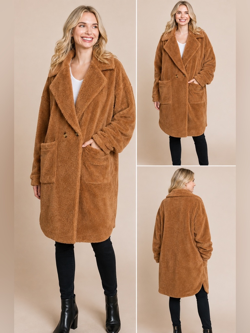 Oversized Teddy Coat in Camel Brown
